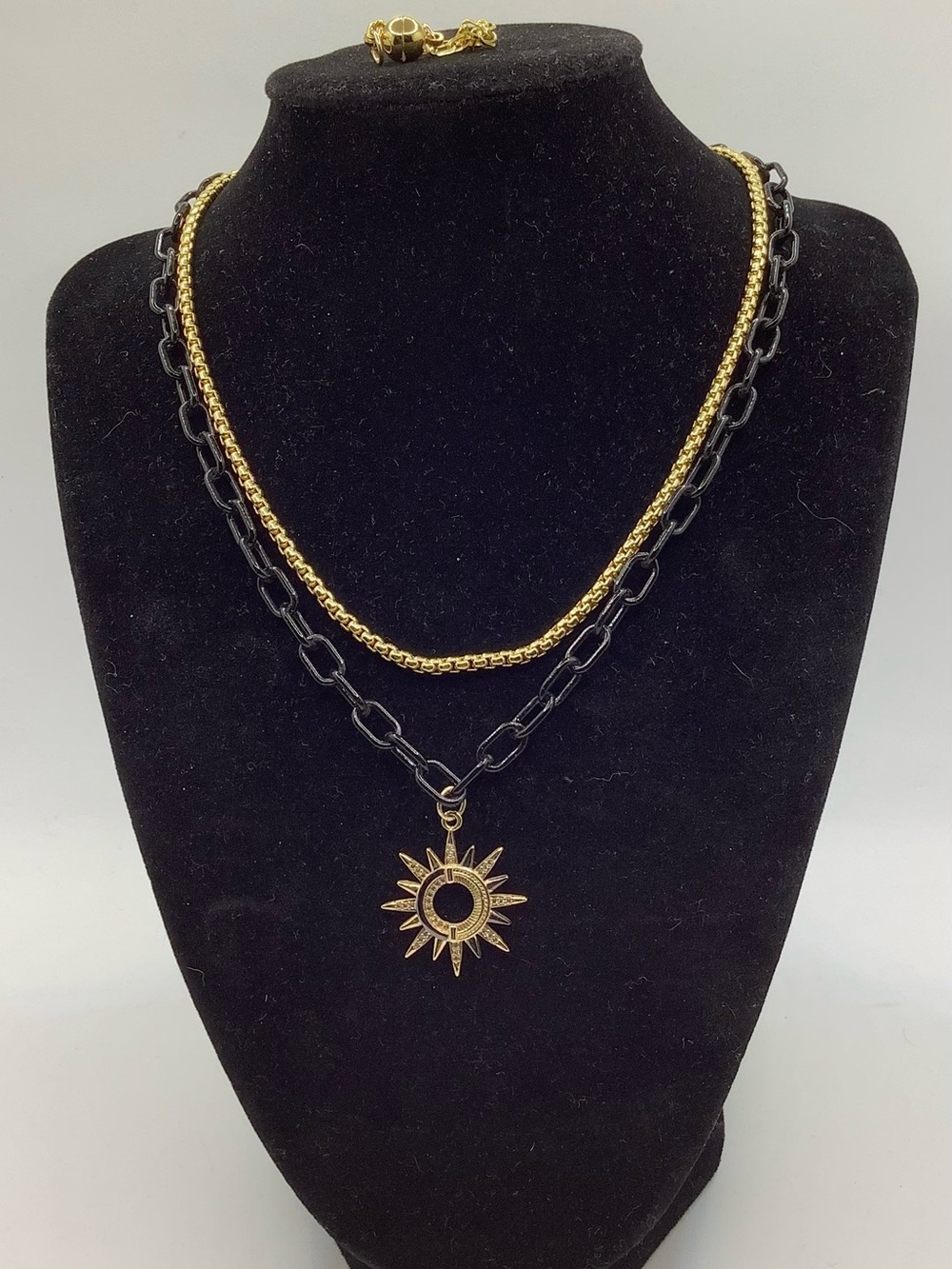 Layered Gold & Black Sun Pendant Necklace - Women Jewelry